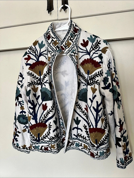 Handmade Jackets & Blazers - Embroidered Floral Jacket in White & Multicolor